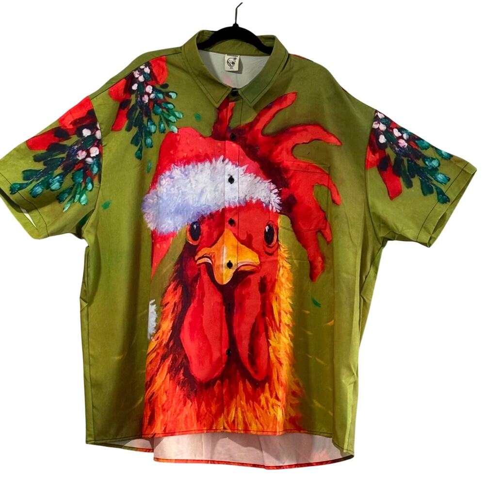 Hardaddy Santa Rooster Button Up Shirt Christmas Graphic Camp Shirt 3XL NWT Men